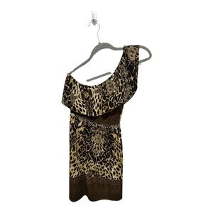 Y2K One Shoulder Animal Print Silky Slip Style Mini Dress Size Small Brown